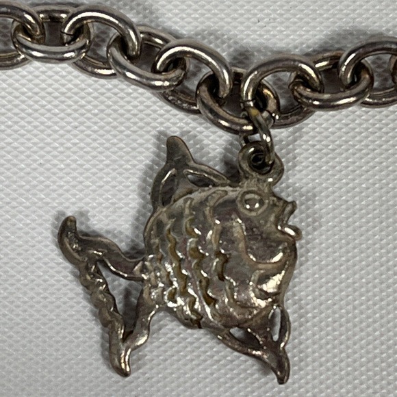 Sterling Silver Charm Bracelet Elephant Ships Wheel Fish Star USMC Vintage 1990s - Picture 6 of 16